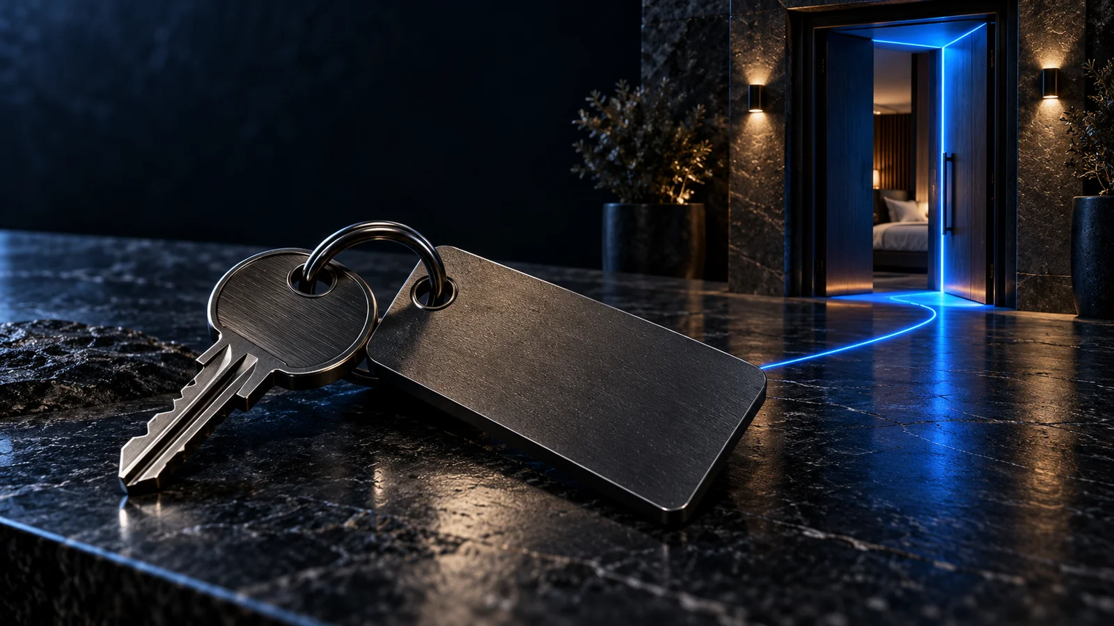 Llave de hotel sobre piedra oscura, conectada por una línea azul con la puerta de una habitación.