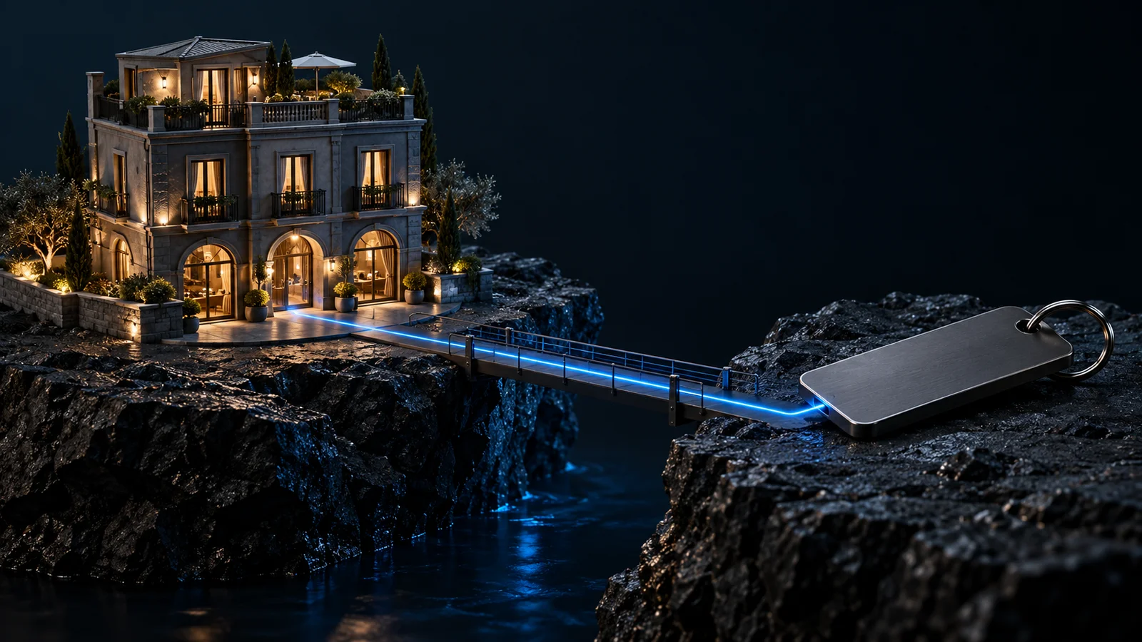 Una maqueta de hotel y una llave sobre plataformas de piedra, conectadas por un puente con una línea azul.