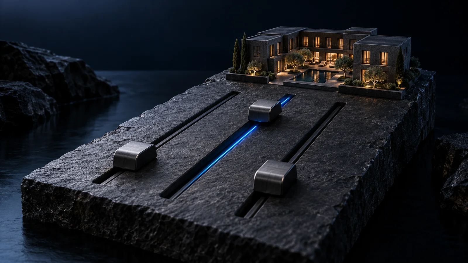 Tres controles de metal oscuro frente a una maqueta de hotel, con una sola ruta iluminada en azul.