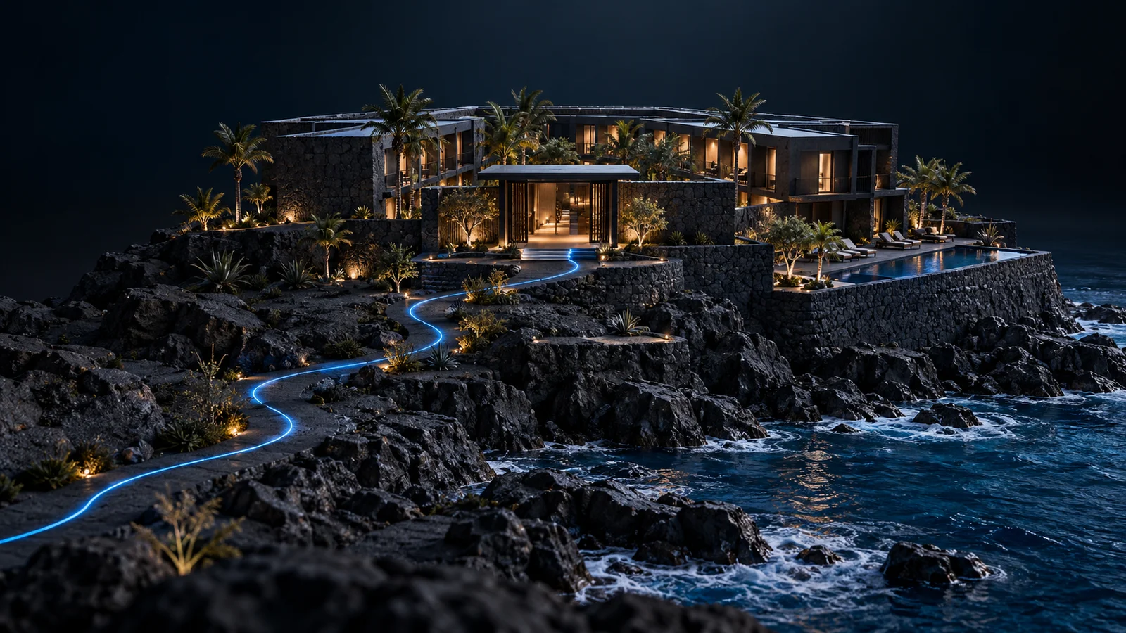 Hotel costero sobre terreno de piedra oscura, con una ruta azul que conduce a la entrada.