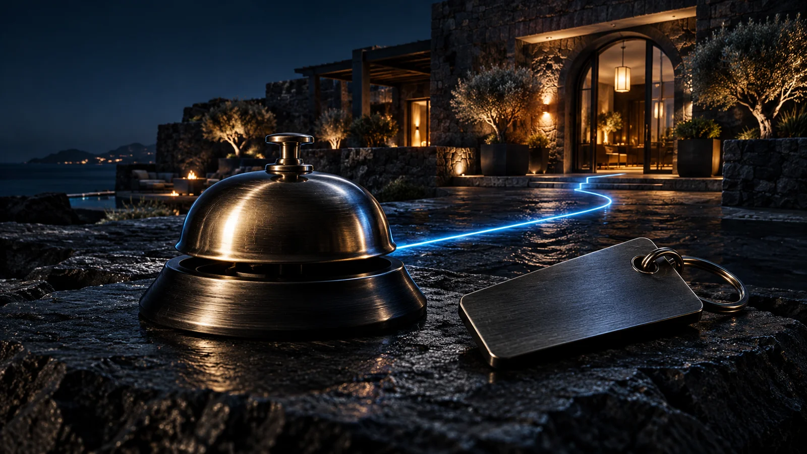 Campana de recepción y llavero de metal oscuro, conectados por una línea azul con la entrada de un hotel.
