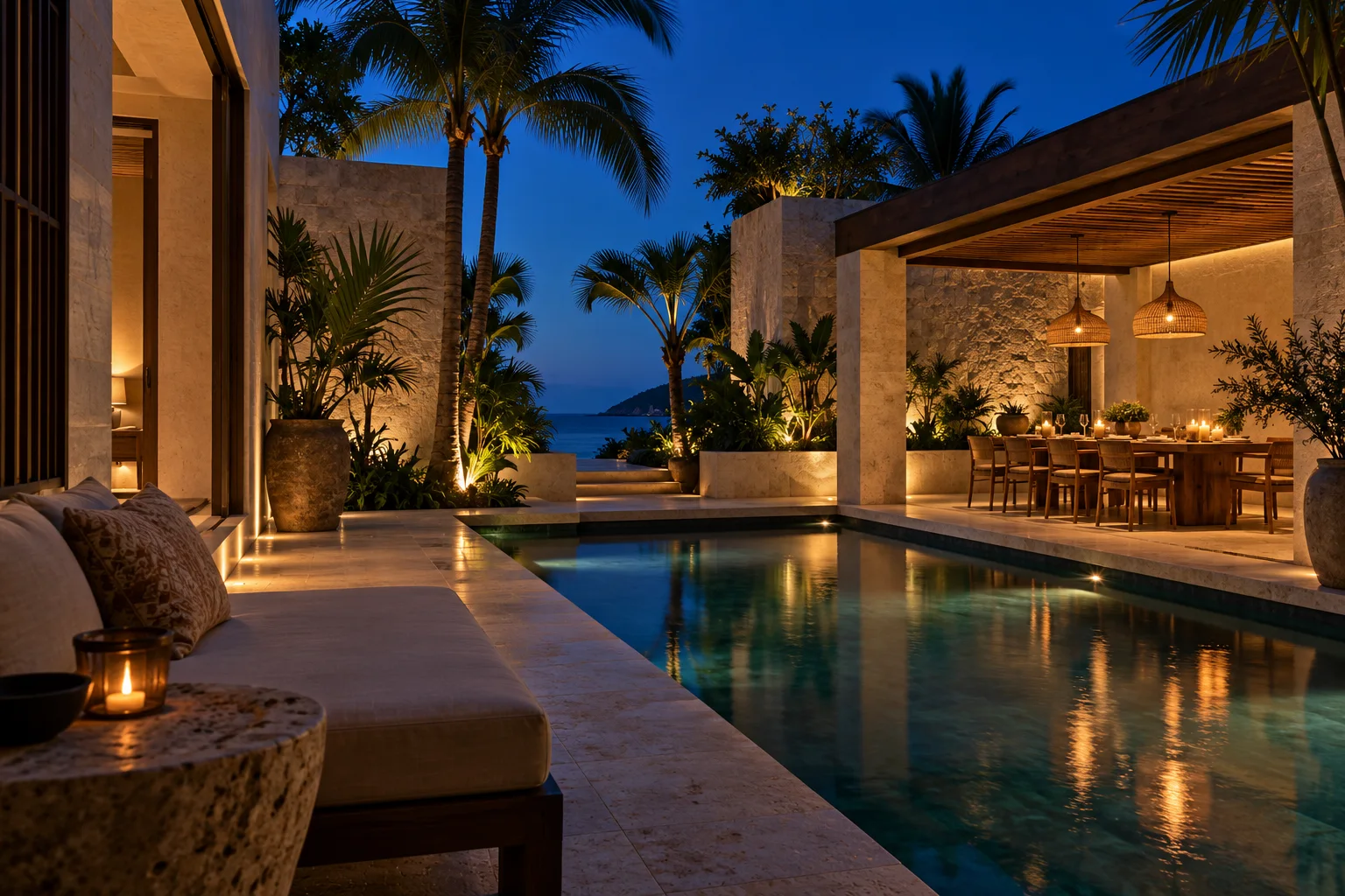 Concepto visual de un patio de hotel boutique: una suite junto a la alberca y un comedor abierto para grupos pequeños