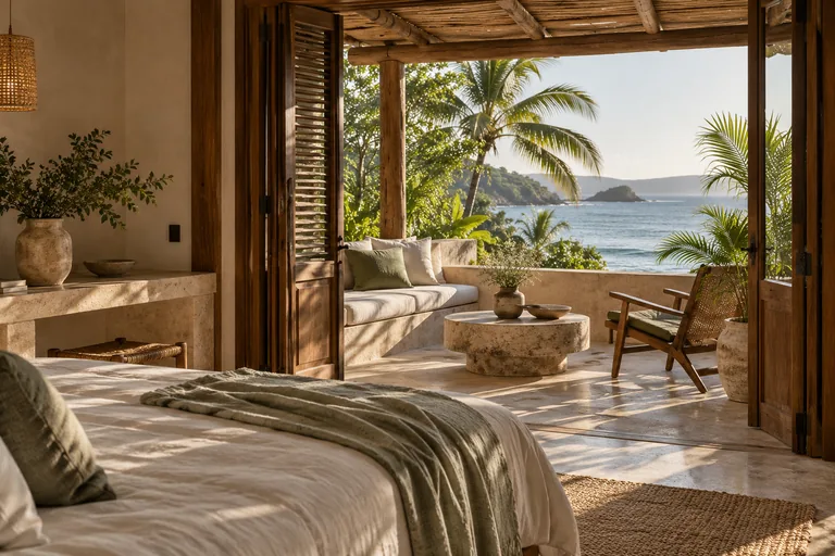 Cama y terraza de una habitación junto al mar